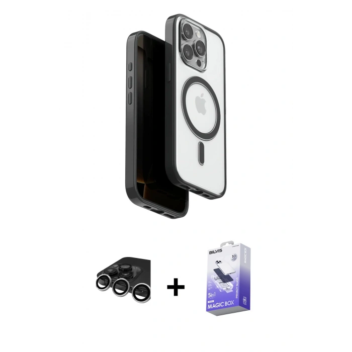 MARSİLYAN™- iPhone 15 Pro Max Kılıf Pusula Form Serisi - Siyah Bilvis 5in1 5D Magic Hayalet Cam Ekran Koruyucu + Raze Metal Kamera Lens - GS