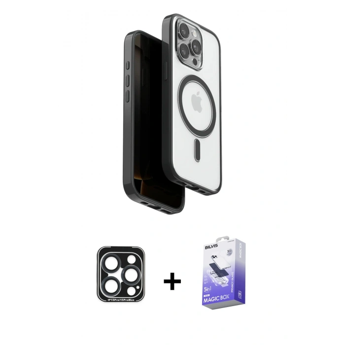 MARSİLYAN™- iPhone 15 Pro Max Kılıf Pusula Form Serisi - Siyah Bilvis 5in1 5D Magic Hayalet Cam Ekran Koruyucu + PVD Metal Kamera Lens - LT