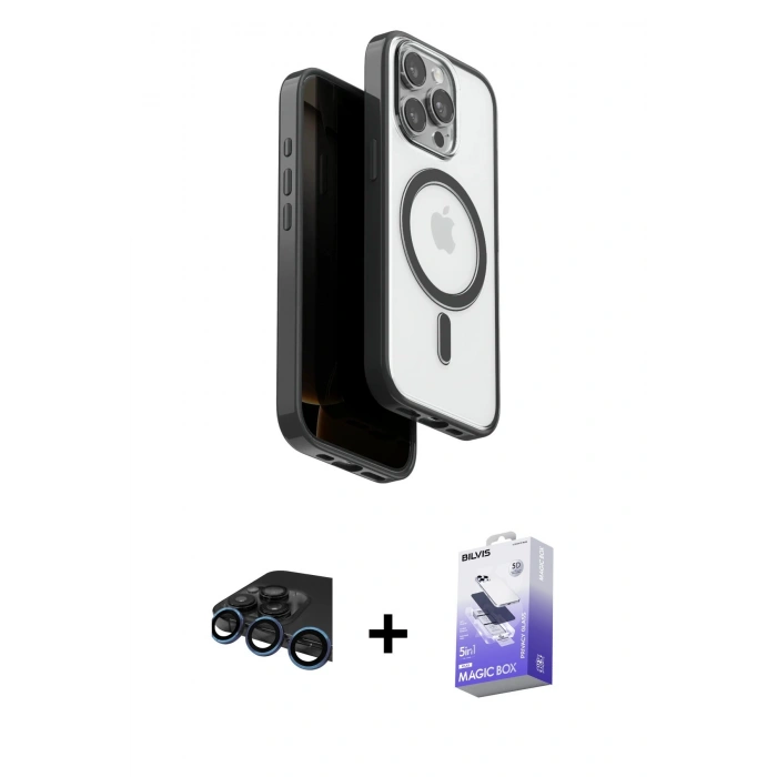 MARSİLYAN™- iPhone 15 Pro Max Kılıf Pusula Form Serisi - Siyah Bilvis 5in1 5D Magic Hayalet Cam Ekran Koruyucu + Raze Metal Kamera Lens - LT