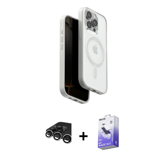 MARSİLYAN™- iPhone 15 Pro Max Kılıf Pusula Form Serisi - Siyah Bilvis 5in1 5D Magic Hayalet Cam Ekran Koruyucu + Raze Metal Kamera Lens - GS