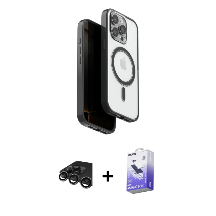MARSİLYAN™- iPhone 15 Pro Max Kılıf Pusula Form Serisi - Siyah Bilvis 5in1 5D Magic Hayalet Cam Ekran Koruyucu + Raze Metal Kamera Lens - TMGI