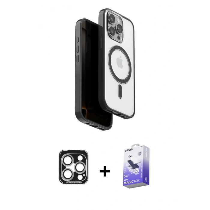 MARSİLYAN™- iPhone 15 Pro Max Kılıf Pusula Form Serisi - Siyah Bilvis 5in1 5D Magic Hayalet Cam Ekran Koruyucu + PVD Metal Kamera Lens - GS