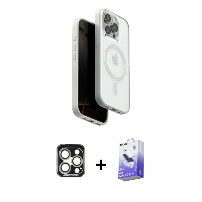 MARSİLYAN™- iPhone 15 Pro Max Kılıf Pusula Form Serisi - Siyah Bilvis 5in1 5D Magic Hayalet Cam Ekran Koruyucu + PVD Metal Kamera Lens - GS