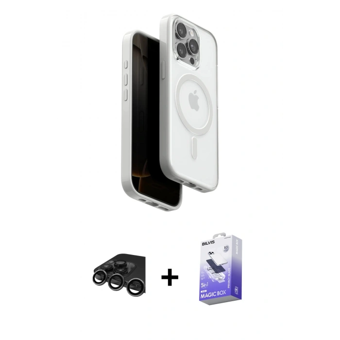 MARSİLYAN™- iPhone 15 Pro Max Kılıf Pusula Form Serisi - Siyah Bilvis 5in1 5D Magic Hayalet Cam Ekran Koruyucu + Raze Metal Kamera Lens - TMGI