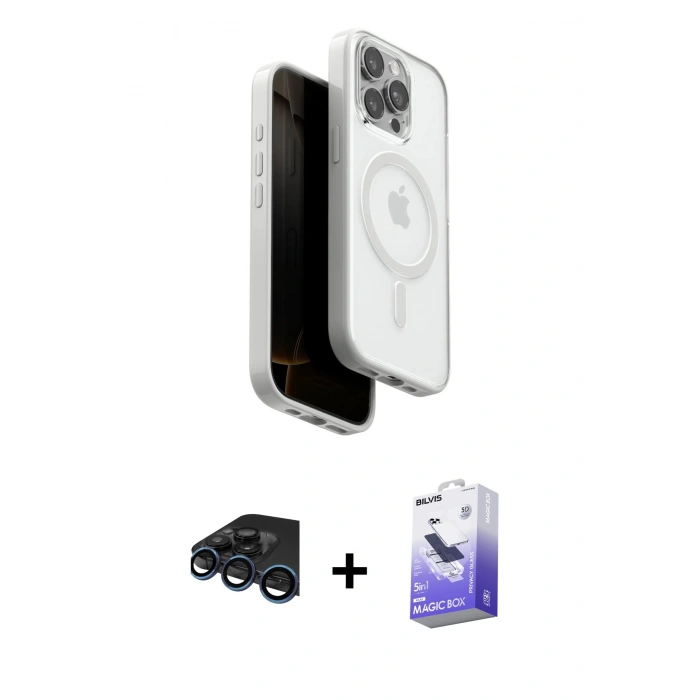 MARSİLYAN™- iPhone 15 Pro Max Kılıf Pusula Form Serisi - Siyah Bilvis 5in1 5D Magic Hayalet Cam Ekran Koruyucu + Raze Metal Kamera Lens - LT