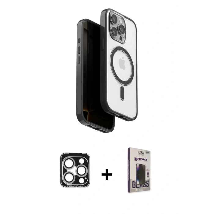 MARSİLYAN™- iPhone 15 Pro Max Kılıf Pusula Form Serisi - Siyah Bilvis Hayalet Cam Ekran Koruyucu + Gümüş PVD Metal Kamera Lens