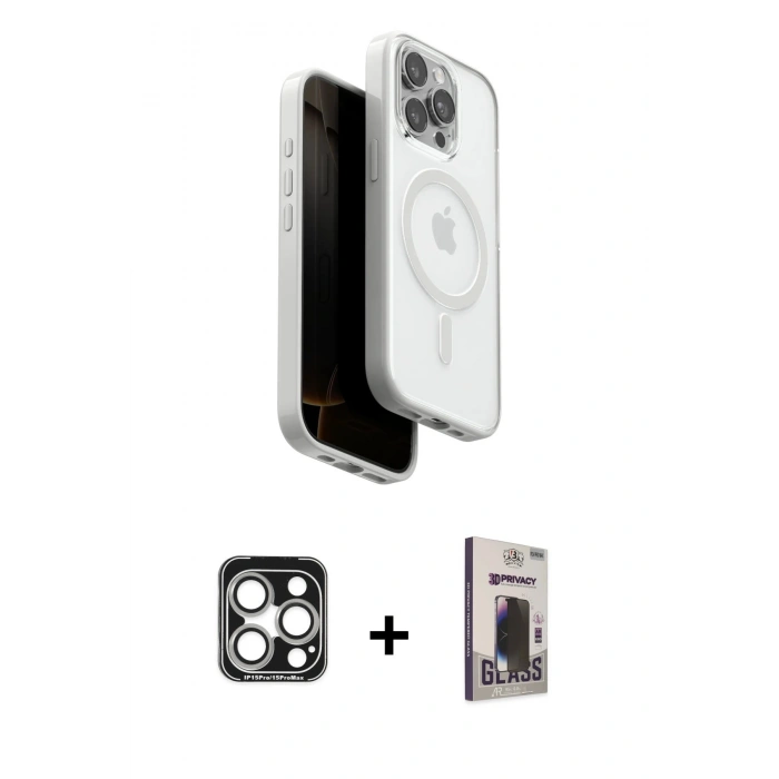 MARSİLYAN™- iPhone 15 Pro Max Kılıf Pusula Form Serisi - Siyah Bilvis Hayalet Cam Ekran Koruyucu + Gümüş PVD Metal Kamera Lens