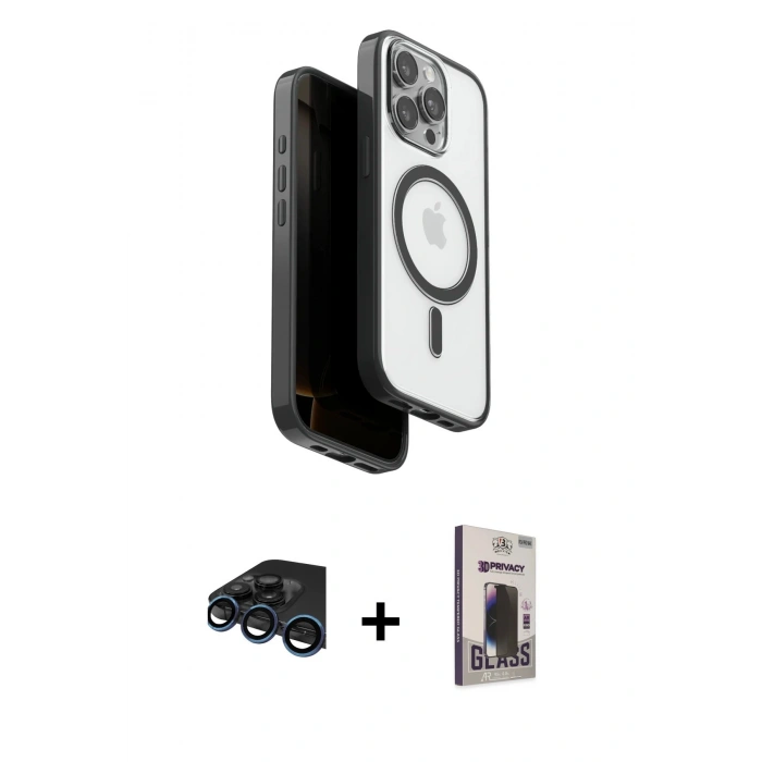 MARSİLYAN™- iPhone 15 Pro Max Kılıf Pusula Form Serisi - Siyah Bilvis Hayalet Cam Ekran Koruyucu + Raze Metal Kamera Lens - LT