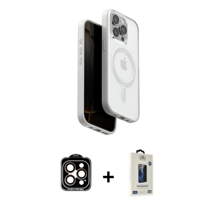 MARSİLYAN™- iPhone 15 Pro Max Kılıf Pusula Form Serisi - Siyah Bilvis Hayalet Cam Ekran Koruyucu + PVD Metal Kamera Lens - TU