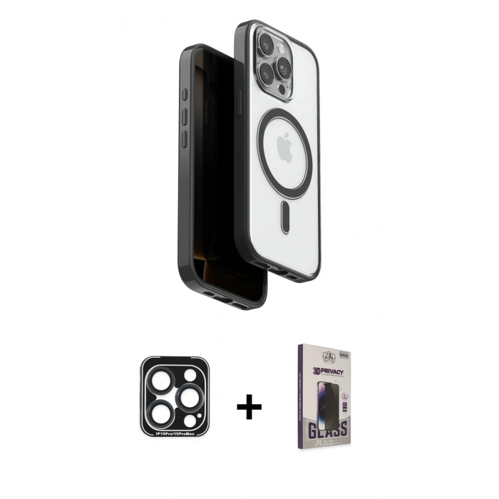 MARSİLYAN™- iPhone 15 Pro Max Kılıf Pusula Form Serisi - Siyah Bilvis Hayalet Cam Ekran Koruyucu + PVD Metal Kamera Lens - LT