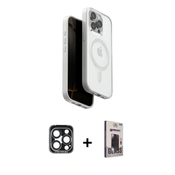 MARSİLYAN™- iPhone 15 Pro Max Kılıf Pusula Form Serisi - Siyah Bilvis Hayalet Cam Ekran Koruyucu + PVD Metal Kamera Lens - LT