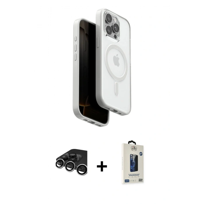 MARSİLYAN™- iPhone 15 Pro Max Kılıf Pusula Form Serisi - Siyah Bilvis Hayalet Cam Ekran Koruyucu + Raze Metal Kamera Lens - GS