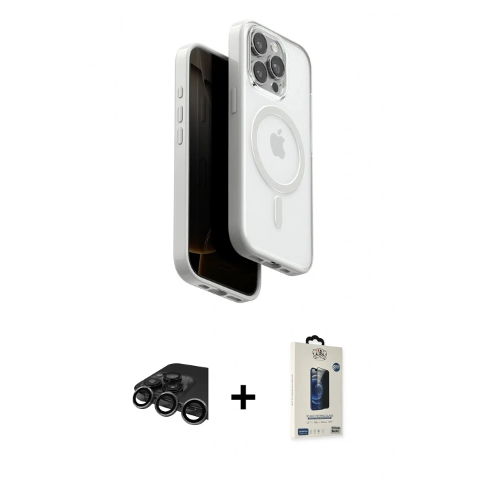 MARSİLYAN™- iPhone 15 Pro Max Kılıf Pusula Form Serisi - Siyah Bilvis Hayalet Cam Ekran Koruyucu + Raze Metal Kamera Lens - TMGI