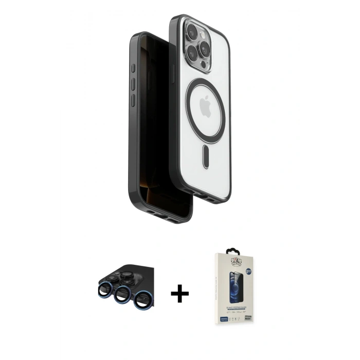 MARSİLYAN™- iPhone 15 Pro Max Kılıf Pusula Form Serisi - Siyah Bilvis Hayalet Cam Ekran Koruyucu + Raze Metal Kamera Lens - LT