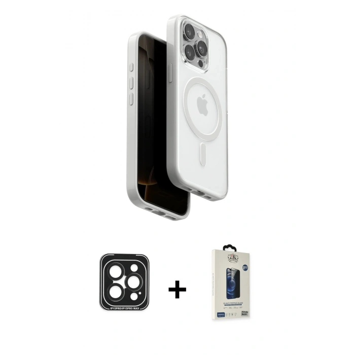 MARSİLYAN™- iPhone 15 Pro Max Kılıf Pusula Form Serisi - Siyah Bilvis Hayalet Cam Ekran Koruyucu + Siyah PVD Metal Kamera Lens