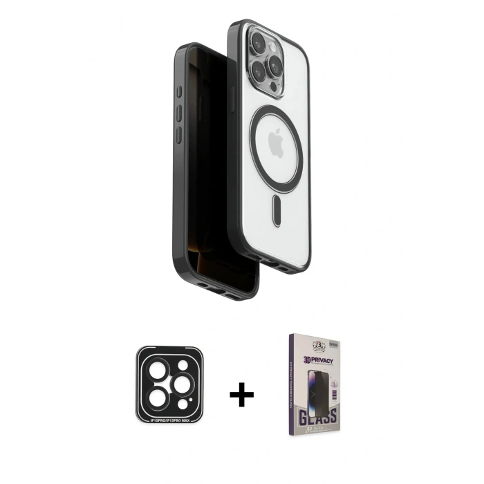 MARSİLYAN™- iPhone 15 Pro Max Kılıf Pusula Form Serisi - Siyah Bilvis Hayalet Cam Ekran Koruyucu + PVD Metal Kamera Lens - SH