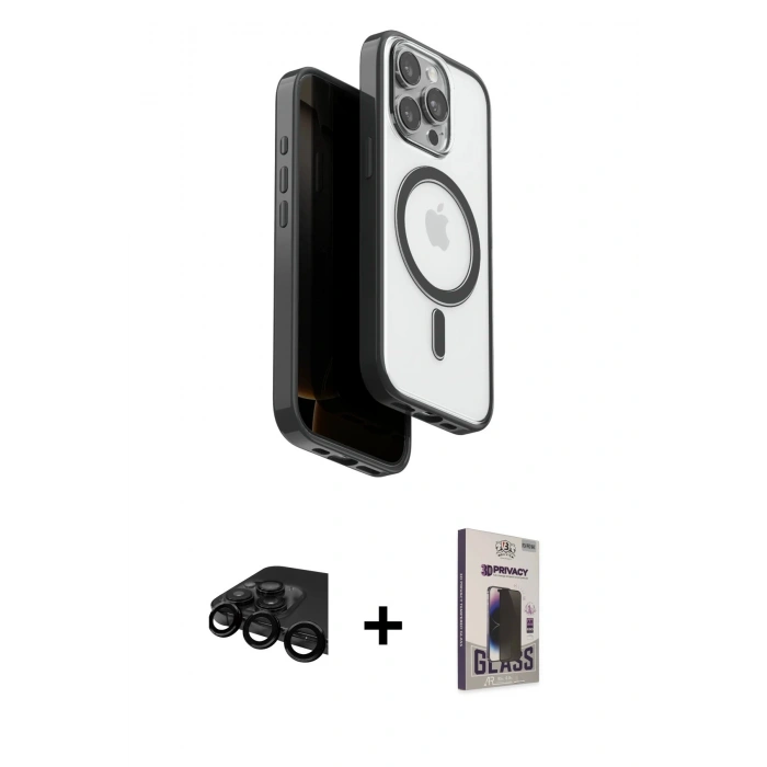 MARSİLYAN™- iPhone 15 Pro Max Kılıf Pusula Form Serisi - Siyah Bilvis Hayalet Cam Ekran Koruyucu + Raze Metal Kamera Lens - SH