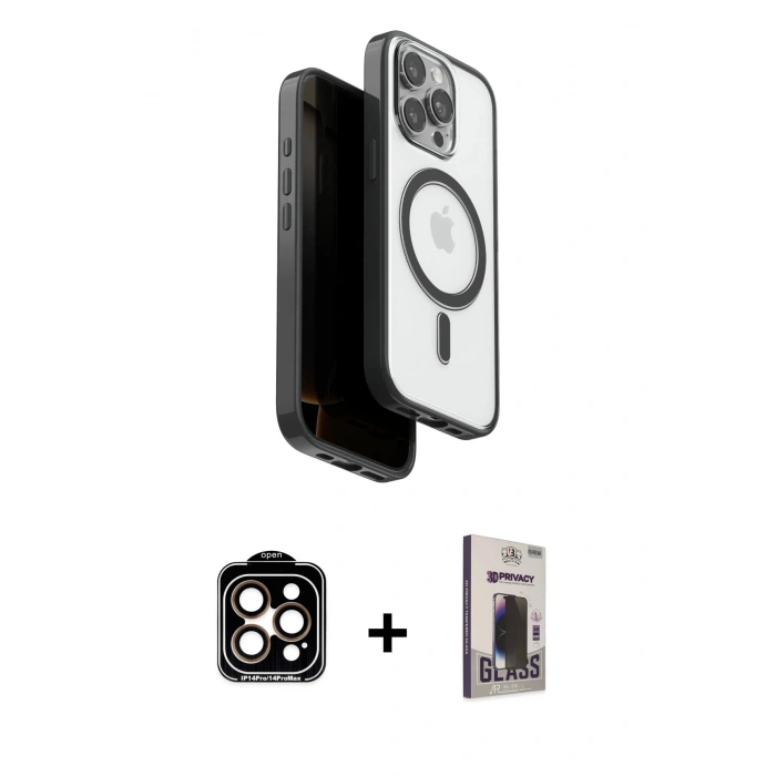 MARSİLYAN™- iPhone 15 Pro Max Kılıf Pusula Form Serisi - Siyah Bilvis Hayalet Cam Ekran Koruyucu + PVD Metal Kamera Lens - TU