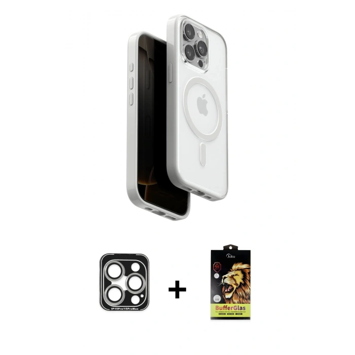 MARSİLYAN™- iPhone 15 Pro Max Kılıf Pusula Form Serisi - Siyah Buffer Cam Ekran Koruyucu + PVD Metal Kamera Lens - GS