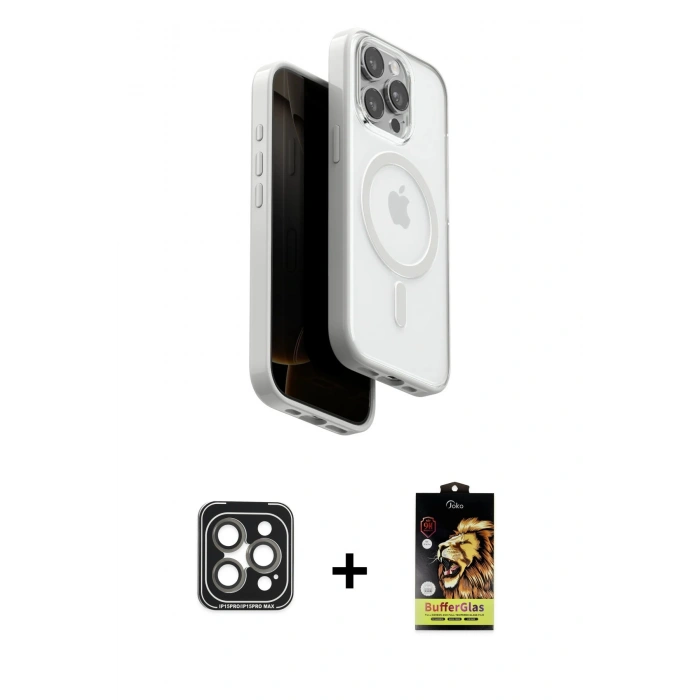 MARSİLYAN™- iPhone 15 Pro Max Kılıf Pusula Form Serisi - Siyah Buffer Cam Ekran Koruyucu + PVD Metal Kamera Lens - GI