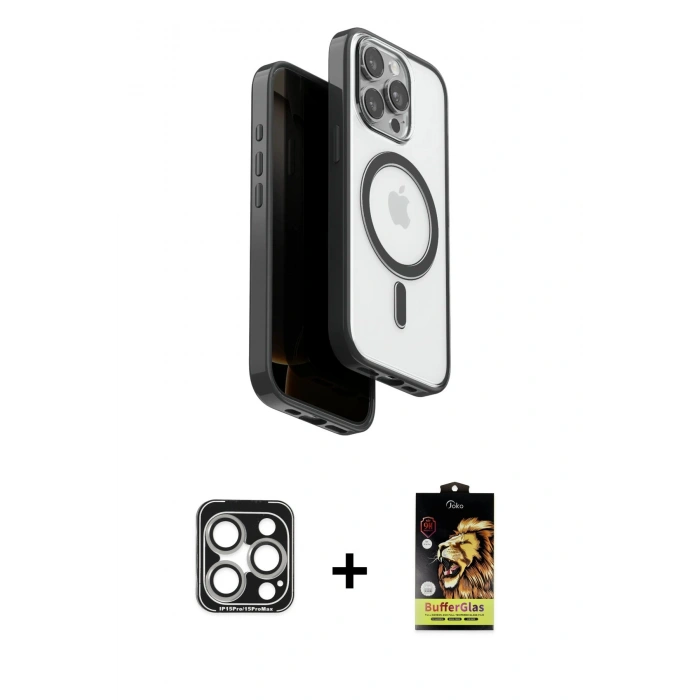 MARSİLYAN™- iPhone 15 Pro Max Kılıf Pusula Form Serisi - Siyah Buffer Cam Ekran Koruyucu + PVD Metal Kamera Lens - GS