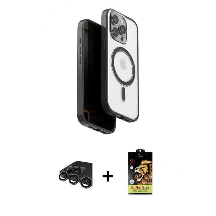 MARSİLYAN™- iPhone 15 Pro Max Kılıf Pusula Form Serisi - Siyah Buffer Cam Ekran Koruyucu + Raze Metal Kamera Lens - TMGI