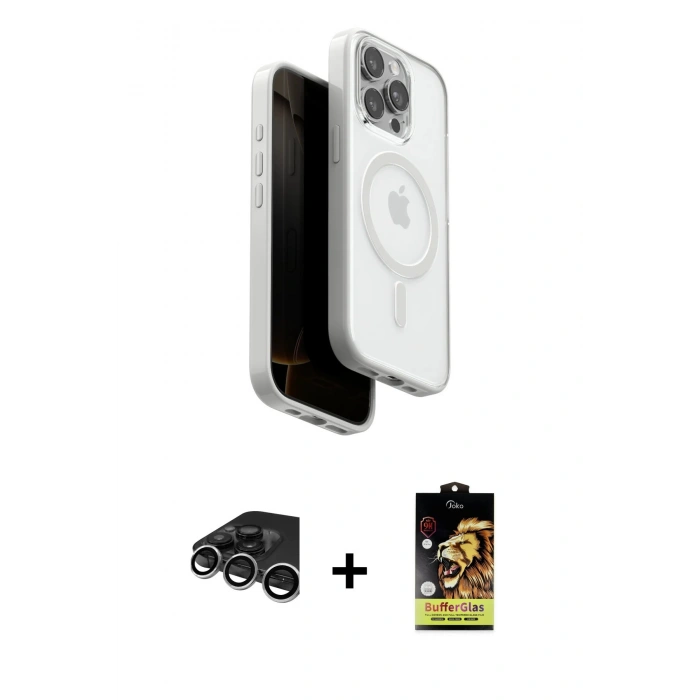 MARSİLYAN™- iPhone 15 Pro Max Kılıf Pusula Form Serisi - Siyah Buffer Cam Ekran Koruyucu + Raze Metal Kamera Lens - GS
