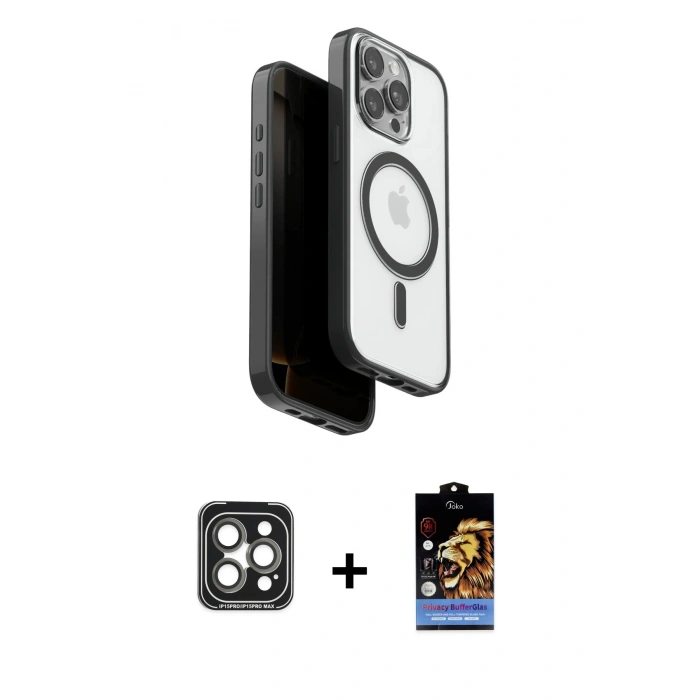 MARSİLYAN™- iPhone 15 Pro Max Kılıf Pusula Form Serisi - Siyah Buffer Hayalet Cam Ekran Koruyucu + PVD Metal Kamera Lens - GI