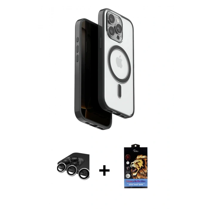 MARSİLYAN™- iPhone 15 Pro Max Kılıf Pusula Form Serisi - Siyah Buffer Hayalet Cam Ekran Koruyucu + Gümüş Raze Metal Kamera Lens