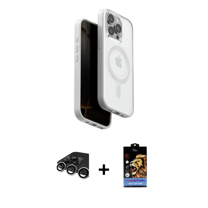 MARSİLYAN™- iPhone 15 Pro Max Kılıf Pusula Form Serisi - Siyah Buffer Hayalet Cam Ekran Koruyucu + Gümüş Raze Metal Kamera Lens