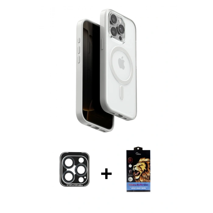 MARSİLYAN™- iPhone 15 Pro Max Kılıf Pusula Form Serisi - Siyah Buffer Hayalet Cam Ekran Koruyucu + PVD Metal Kamera Lens - LT