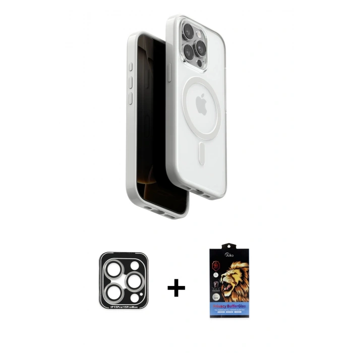 MARSİLYAN™- iPhone 15 Pro Max Kılıf Pusula Form Serisi - Siyah Buffer Hayalet Cam Ekran Koruyucu + PVD Metal Kamera Lens - GS