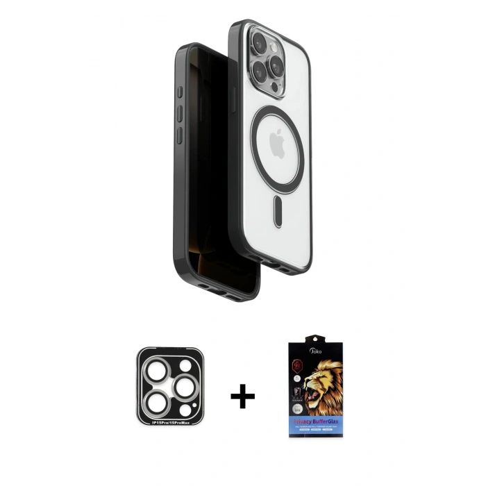 MARSİLYAN™- iPhone 15 Pro Max Kılıf Pusula Form Serisi - Siyah Buffer Hayalet Cam Ekran Koruyucu + PVD Metal Kamera Lens - GS