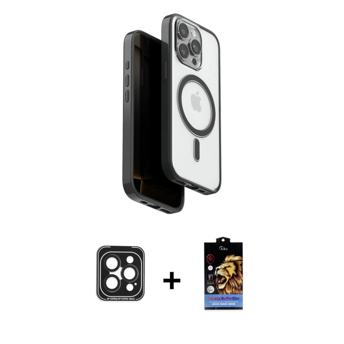 MARSİLYAN™- iPhone 15 Pro Max Kılıf Pusula Form Serisi - Siyah Buffer Hayalet Cam Ekran Koruyucu + PVD Metal Kamera Lens - SH