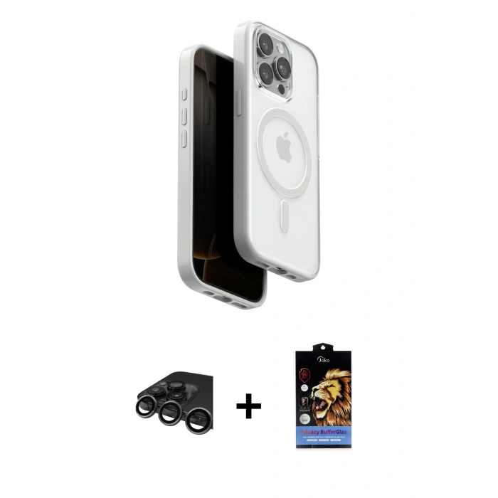 MARSİLYAN™- iPhone 15 Pro Max Kılıf Pusula Form Serisi - Siyah Buffer Hayalet Cam Ekran Koruyucu + Raze Metal Kamera Lens - TMGI