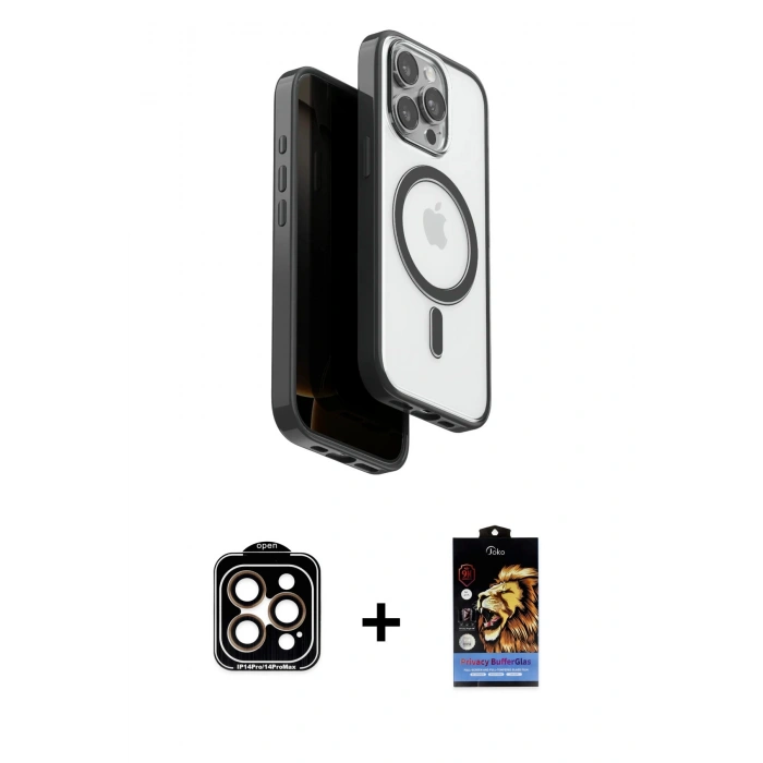 MARSİLYAN™- iPhone 15 Pro Max Kılıf Pusula Form Serisi - Siyah Buffer Hayalet Cam Ekran Koruyucu + PVD Metal Kamera Lens - TU