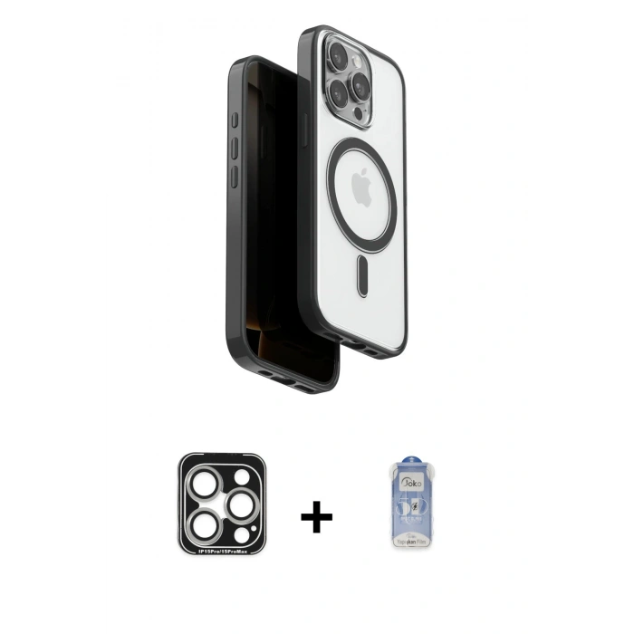 MARSİLYAN™- iPhone 15 Pro Max Kılıf Pusula Form Serisi - Siyah Joko Magic 5D Cam + Gümüş PVD Metal Kamera Lens