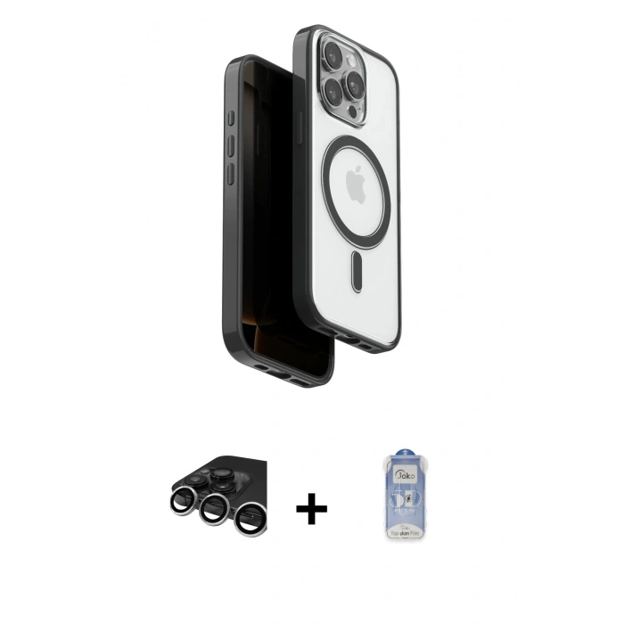 MARSİLYAN™- iPhone 15 Pro Max Kılıf Pusula Form Serisi - Siyah Joko Magic 5D Cam + Raze Metal Kamera Lens - GS