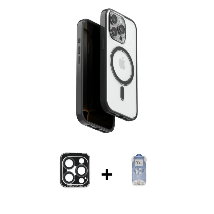 MARSİLYAN™- iPhone 15 Pro Max Kılıf Pusula Form Serisi - Siyah Joko Magic 5D Cam + PVD Metal Kamera Lens - LT