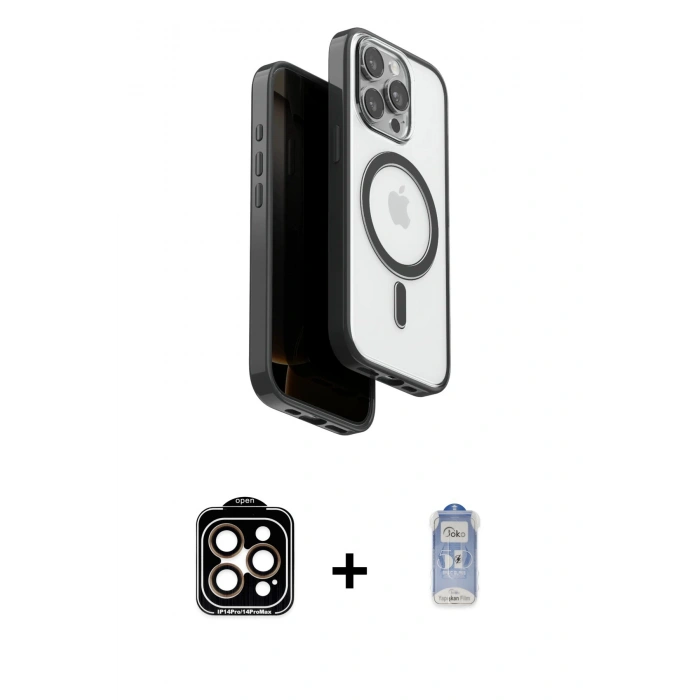 MARSİLYAN™- iPhone 15 Pro Max Kılıf Pusula Form Serisi - Siyah Joko Magic 5D Cam + PVD Metal Kamera Lens - TU