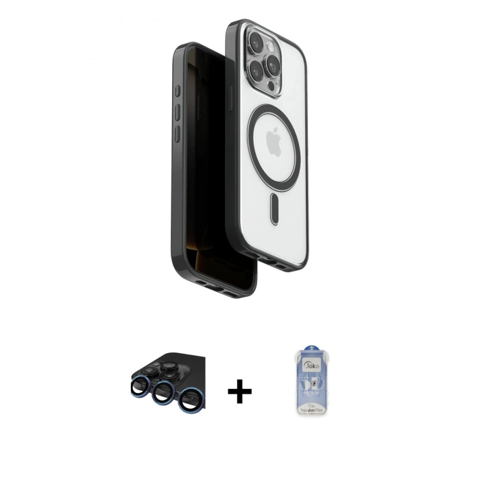 MARSİLYAN™- iPhone 15 Pro Max Kılıf Pusula Form Serisi - Siyah Joko Magic 5D Cam + Raze Metal Kamera Lens - LT