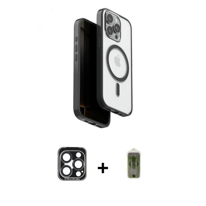 MARSİLYAN™- iPhone 15 Pro Max Kılıf Pusula Form Serisi - Siyah Joko Magic 5D Hayalet Cam + PVD Metal Kamera Lens - LT