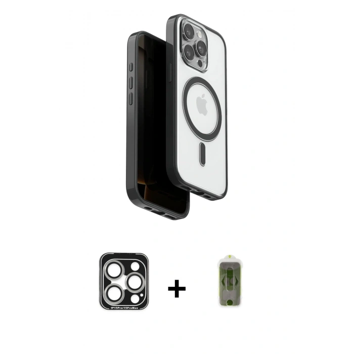 MARSİLYAN™- iPhone 15 Pro Max Kılıf Pusula Form Serisi - Siyah Joko Magic 5D Hayalet Cam + PVD Metal Kamera Lens - GS
