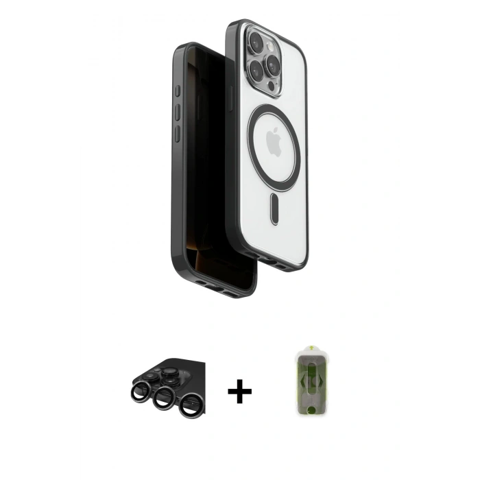 MARSİLYAN™- iPhone 15 Pro Max Kılıf Pusula Form Serisi - Siyah Joko Magic 5D Hayalet Cam + Raze Metal Kamera Lens - TMGI
