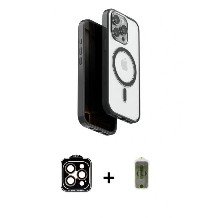 MARSİLYAN™- iPhone 15 Pro Max Kılıf Pusula Form Serisi - Siyah Joko Magic 5D Hayalet Cam + PVD Metal Kamera Lens - TU