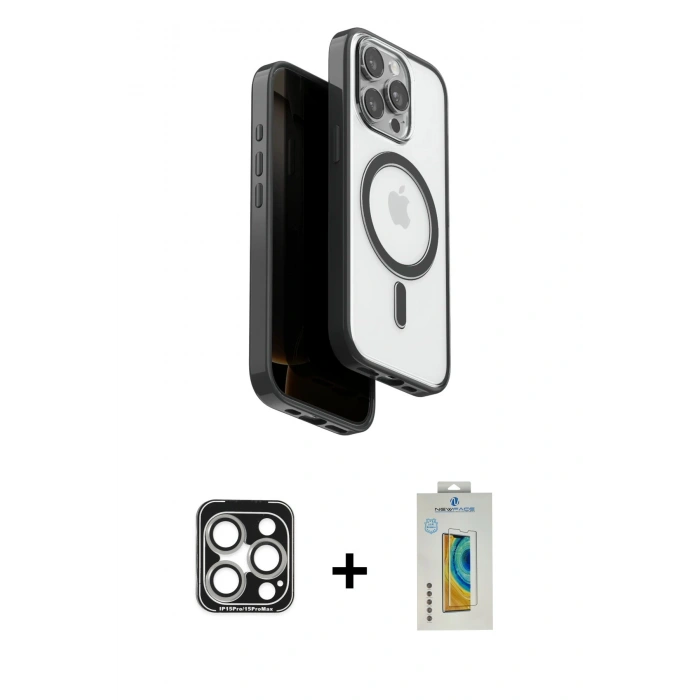 MARSİLYAN™- iPhone 15 Pro Max Kılıf Pusula Form Serisi - Siyah Polymer Nano Ekran Koruyucu + PVD Metal Kamera Lens - GS
