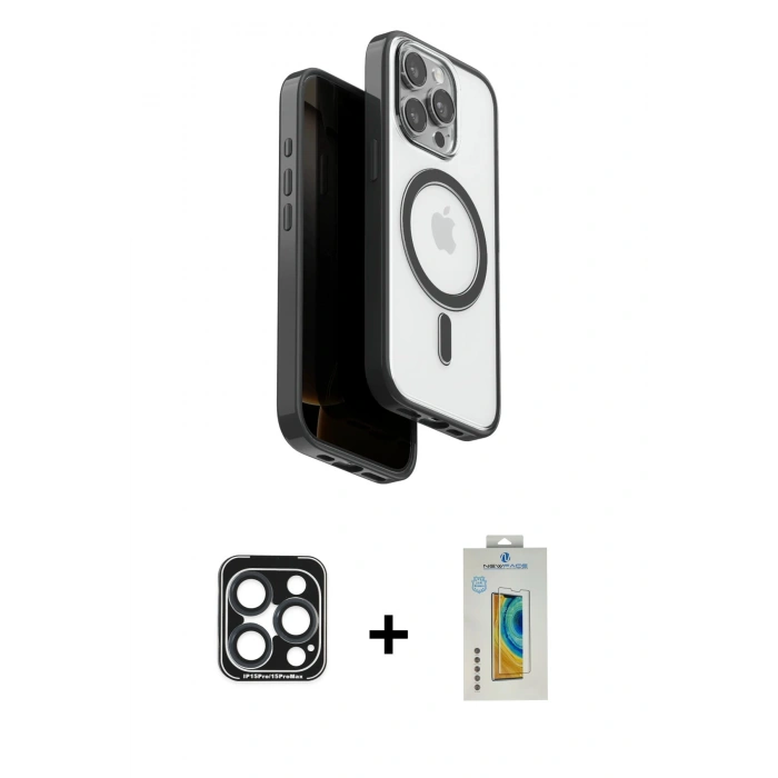 MARSİLYAN™- iPhone 15 Pro Max Kılıf Pusula Form Serisi - Siyah Polymer Nano Ekran Koruyucu + Lacivert PVD Metal Kamera Lens