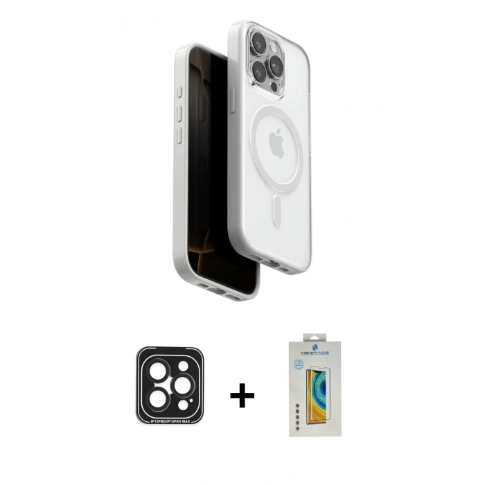 MARSİLYAN™- iPhone 15 Pro Max Kılıf Pusula Form Serisi - Siyah Polymer Nano Ekran Koruyucu + PVD Metal Kamera Lens - SH