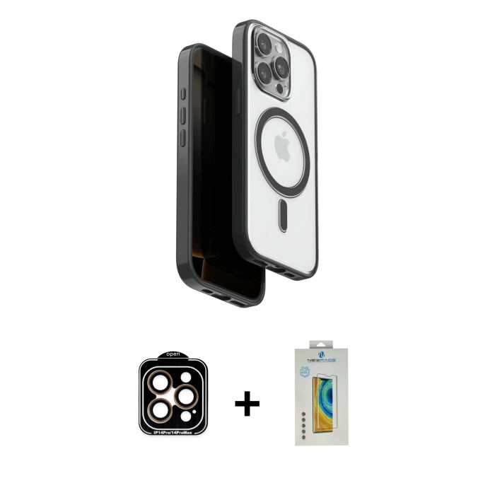 MARSİLYAN™- iPhone 15 Pro Max Kılıf Pusula Form Serisi - Siyah Polymer Nano Ekran Koruyucu + PVD Metal Kamera Lens - TU