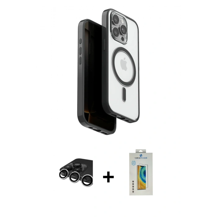 MARSİLYAN™- iPhone 15 Pro Max Kılıf Pusula Form Serisi - Siyah Polymer Nano Ekran Koruyucu + Raze Metal Kamera Lens - GS